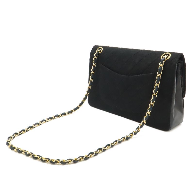 Chanel Quilted CC Logo Chain Shoulder Bag Cotton Jersey Leather Black Gold