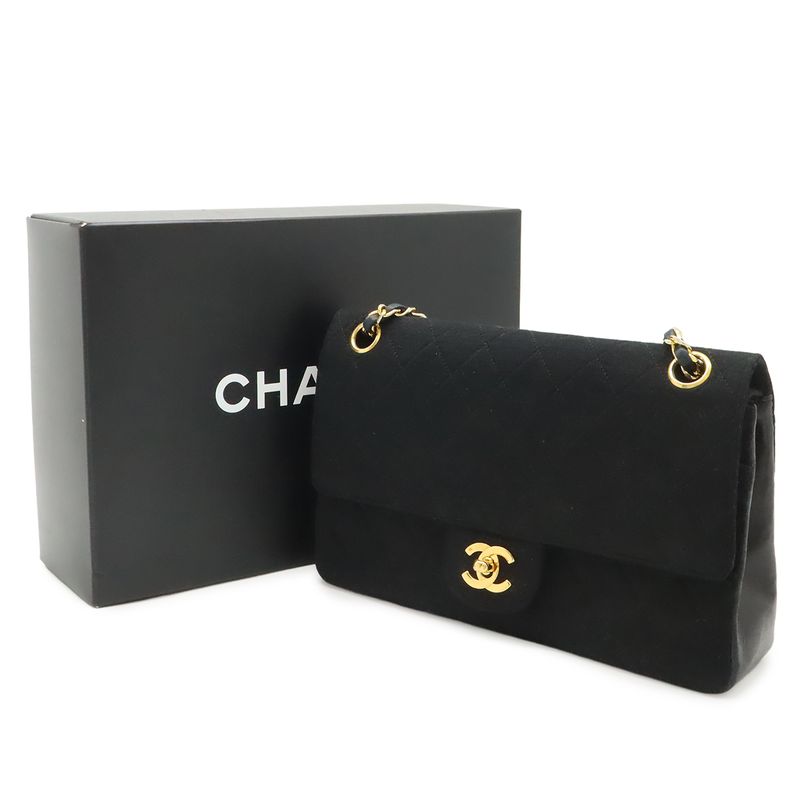 Chanel Quilted CC Logo Chain Shoulder Bag Cotton Jersey Leather Black Gold