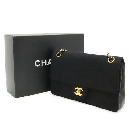 Chanel Quilted CC Logo Chain Shoulder Bag Cotton Jersey Leather Black Gold