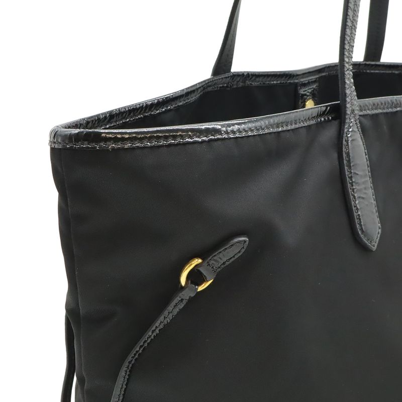 Prada Logo Tote Large Shoulder Bag Nylon Enamel Patent Nero