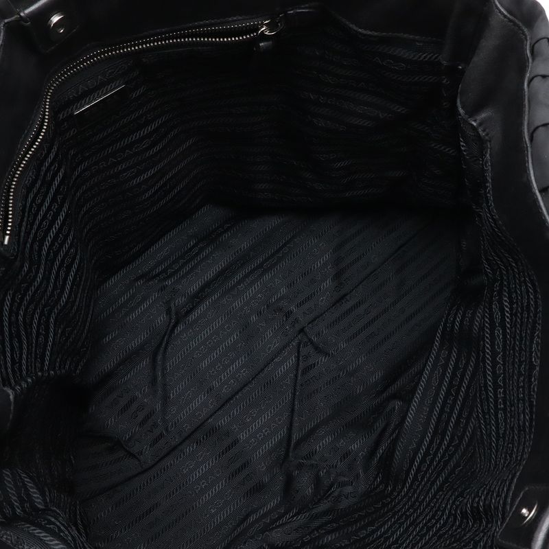 Prada Gathered Tote Large Handbag Nylon Leather Nero Black Silver Hardw