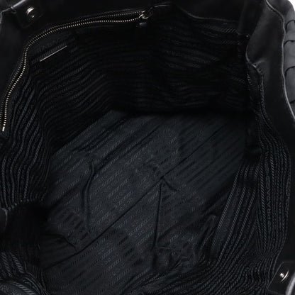 Prada Gathered Tote Large Handbag Nylon Leather Nero Black Silver Hardw