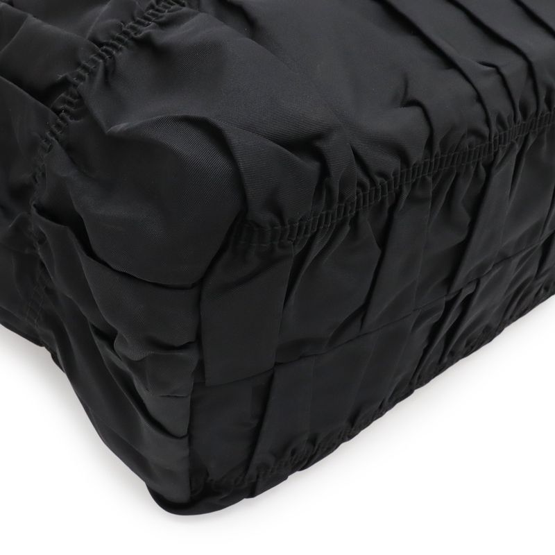 Prada Gathered Tote Large Handbag Nylon Leather Nero Black Silver Hardw