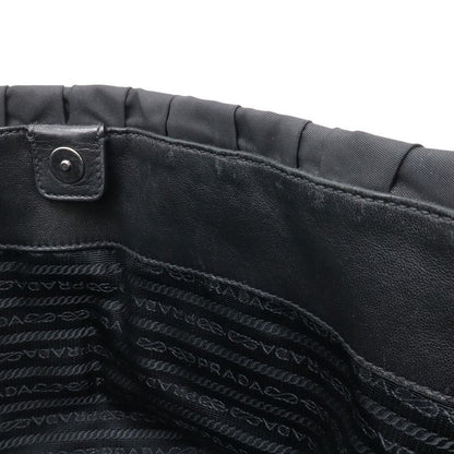 Prada Gathered Tote Large Handbag Nylon Leather Nero Black Silver Hardw