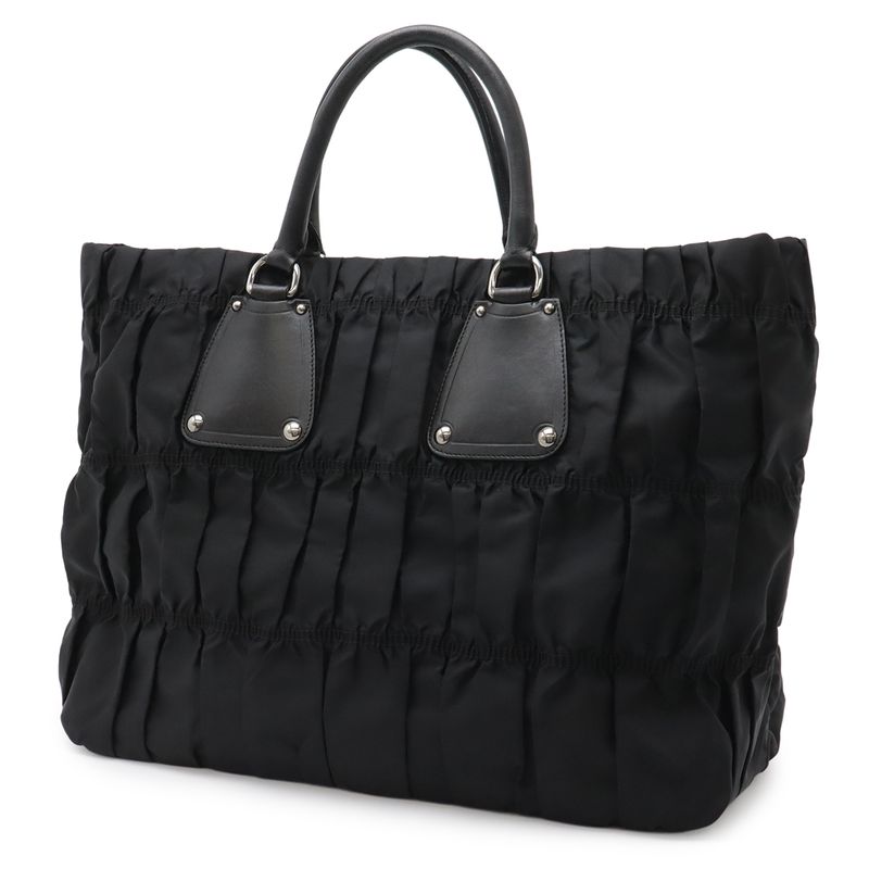 Prada Gathered Tote Large Handbag Nylon Leather Nero Black Silver Hardw