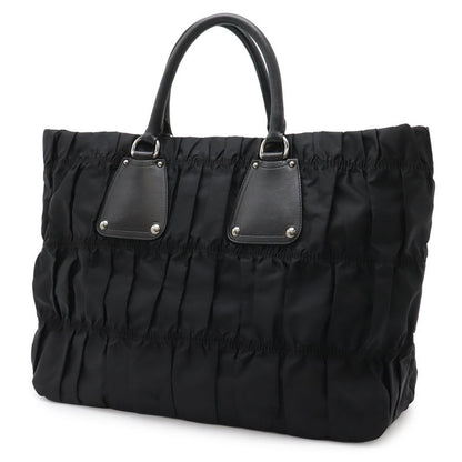 Prada Gathered Tote Large Handbag Nylon Leather Nero Black Silver Hardw