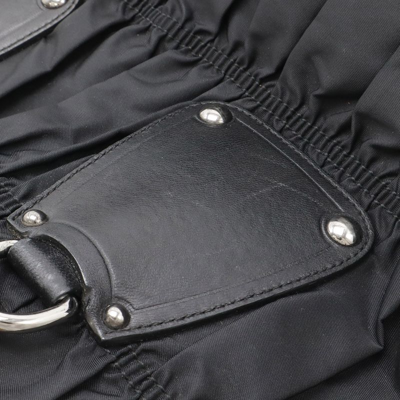 Prada Gathered Tote Large Handbag Nylon Leather Nero Black Silver Hardw