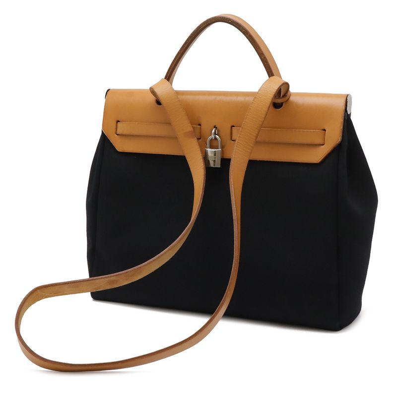 Hermes Herbag PM 2-Way Shoulder Bag Toile Officier GM Black Beige