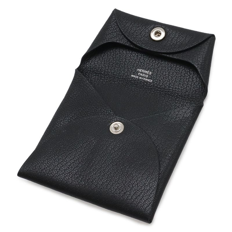 Hermes Bastia Coin Purse Chevre Leather Black Silver