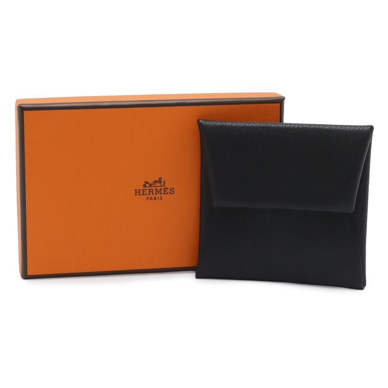 Hermes Bastia Coin Purse Chevre Leather Black Silver