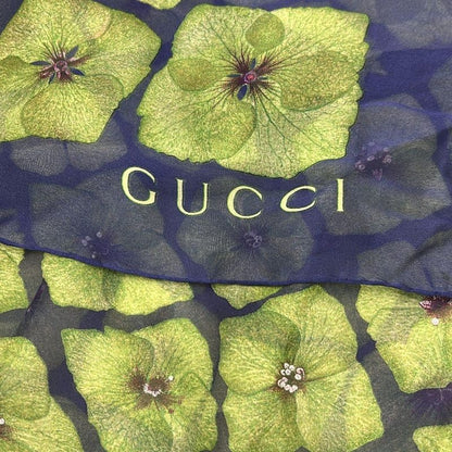 Gucci Scarf Navy Yellow Green Pink Floral Pattern Silk