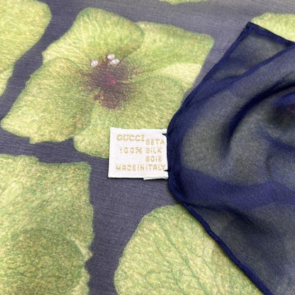 Gucci Scarf Navy Yellow Green Pink Floral Pattern Silk
