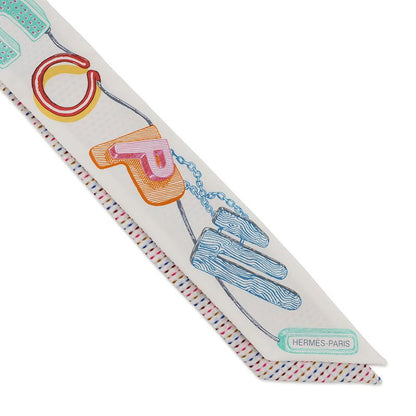 Hermes Scarf Twirl Scope Neon Pointier Embroidery Silk Blanc Rose Vert