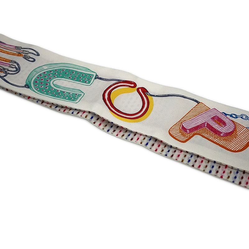 Hermes Scarf Twirl Scope Neon Pointier Embroidery Silk Blanc Rose Vert