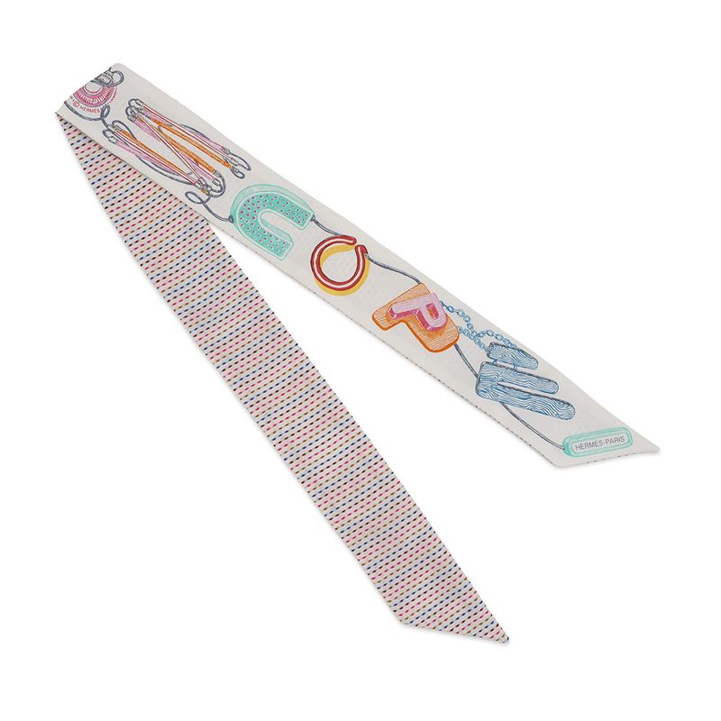 Hermes Scarf Twirl Scope Neon Pointier Embroidery Silk Blanc Rose Vert