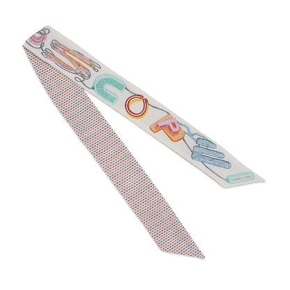 Hermes Scarf Twirl Scope Neon Pointier Embroidery Silk Blanc Rose Vert