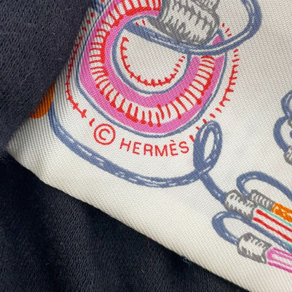 Hermes Scarf Twirl Scope Neon Pointier Embroidery Silk Blanc Rose Vert