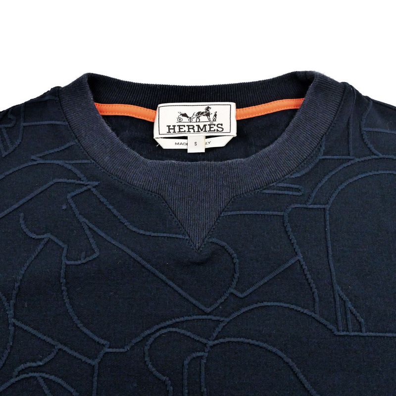Hermes Long Sleeve Shirt Horse Pattern Embossed Navy