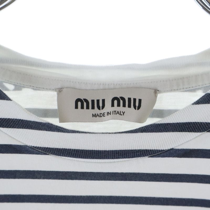 Miu Miu Front Logo Crew Neck Border Pattern Short Sleeve T-Shirt Cut White Navy