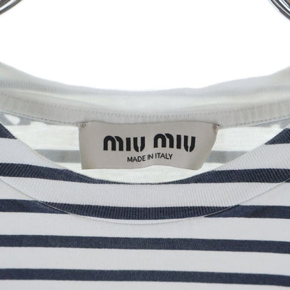 Miu Miu Front Logo Crew Neck Border Pattern Short Sleeve T-Shirt Cut White Navy