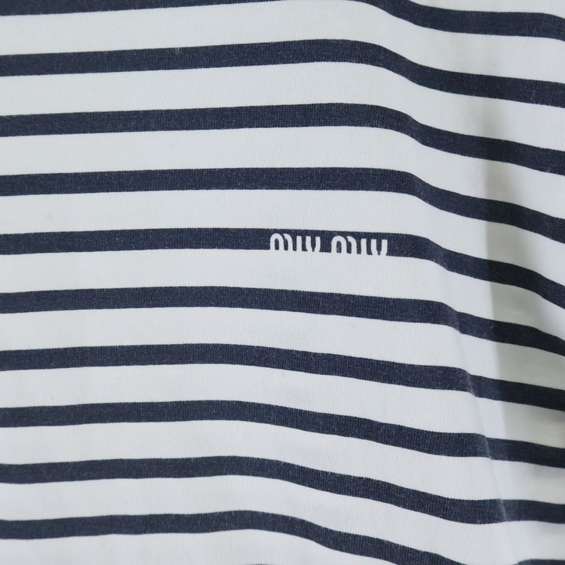 Miu Miu Front Logo Crew Neck Border Pattern Short Sleeve T-Shirt Cut White Navy