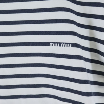 Miu Miu Front Logo Crew Neck Border Pattern Short Sleeve T-Shirt Cut White Navy