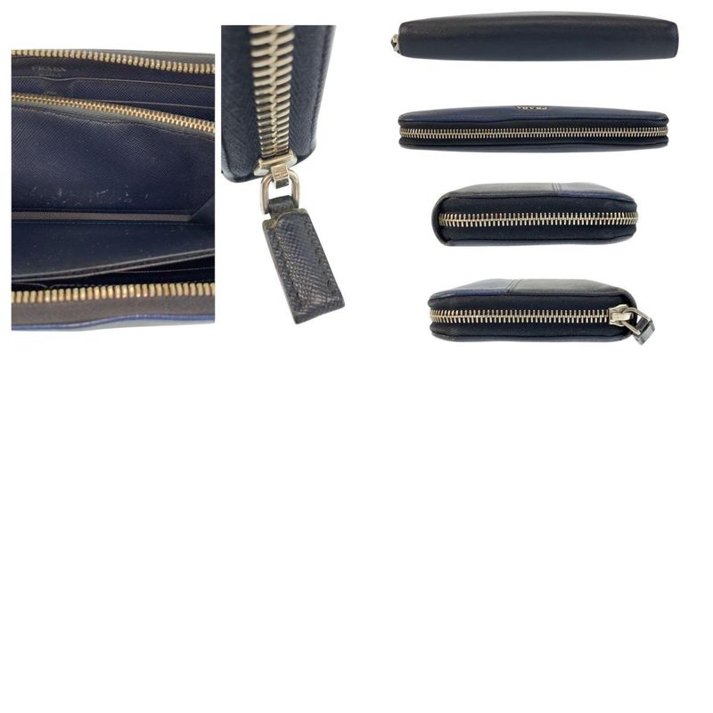 Prada Saffiano Navy Black Silver Leather Wallet