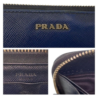 Prada Saffiano Navy Black Silver Leather Wallet