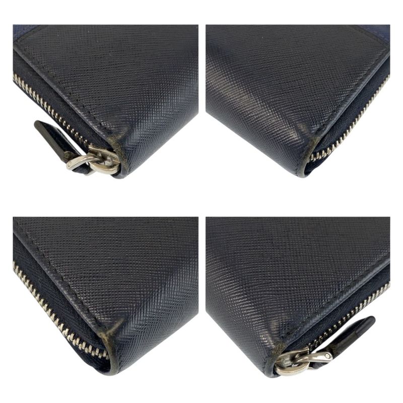 Prada Saffiano Navy Black Silver Leather Wallet