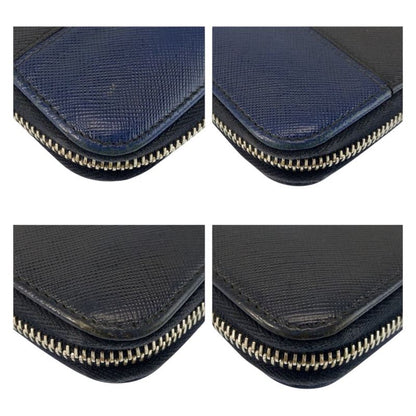 Prada Saffiano Navy Black Silver Leather Wallet