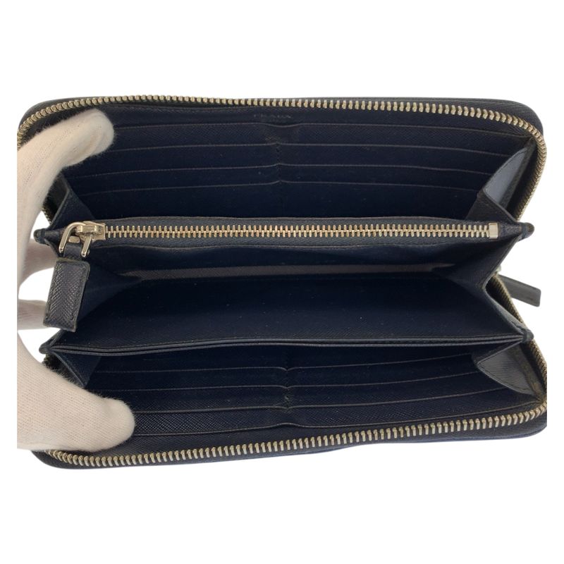 Prada Saffiano Navy Black Silver Leather Wallet