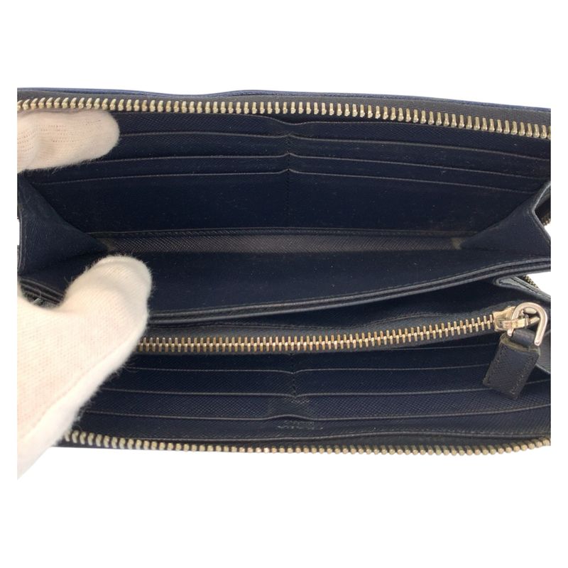 Prada Saffiano Navy Black Silver Leather Wallet