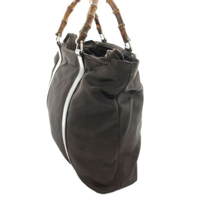 Gucci Bamboo Handle Handbag Nylon Leather Brown