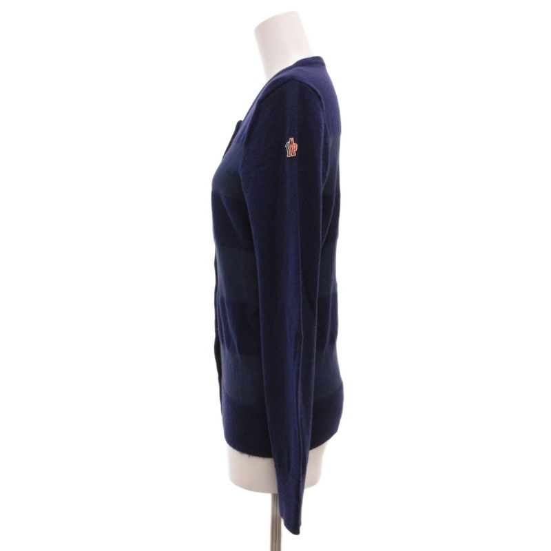 Moncler Maglione Tricot Alla Coreana Cardigan Knit Band Collar Border Pattern Blue - Navy