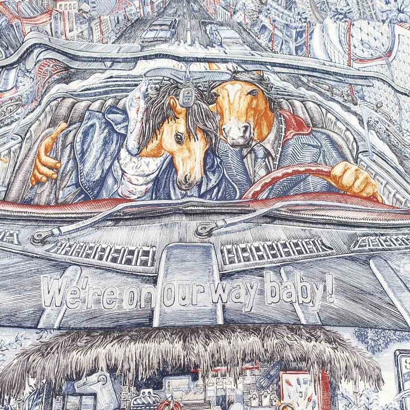Hermes Carre 90 City of Light Scarf Silk Ardoise White Rouge