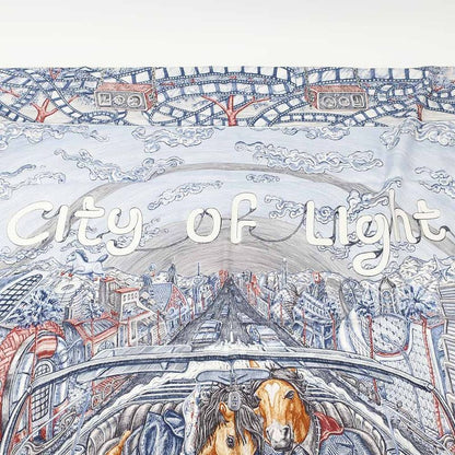 Hermes Carre 90 City of Light Scarf Silk Ardoise White Rouge