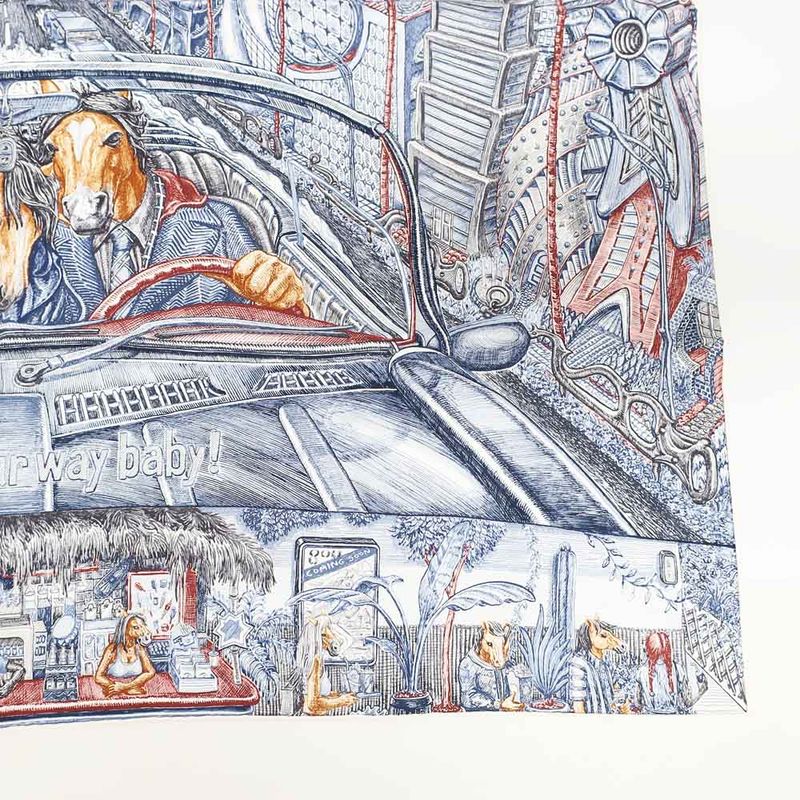 Hermes Carre 90 City of Light Scarf Silk Ardoise White Rouge