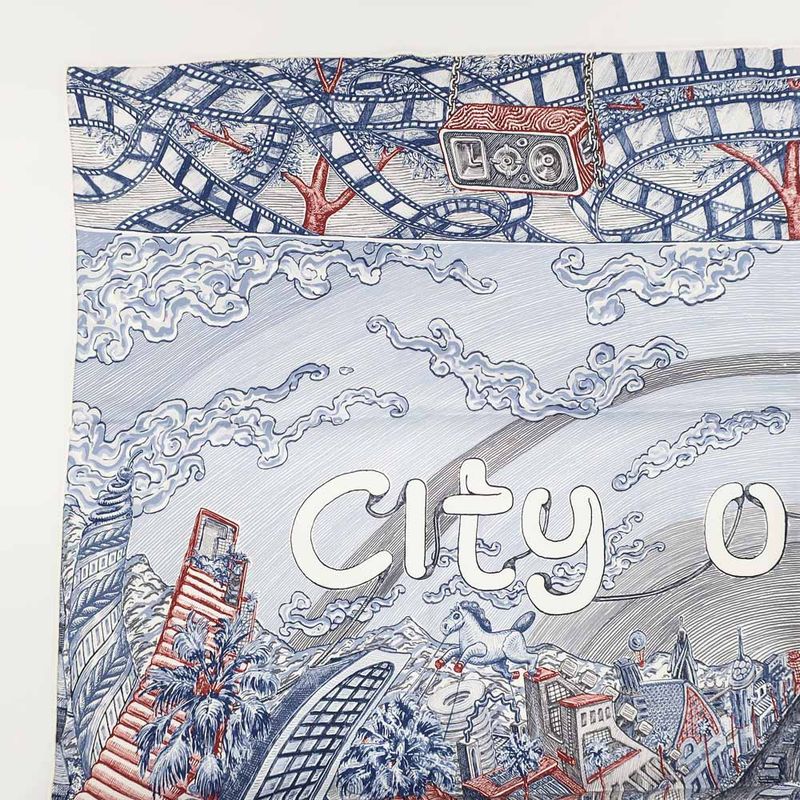 Hermes Carre 90 City of Light Scarf Silk Ardoise White Rouge