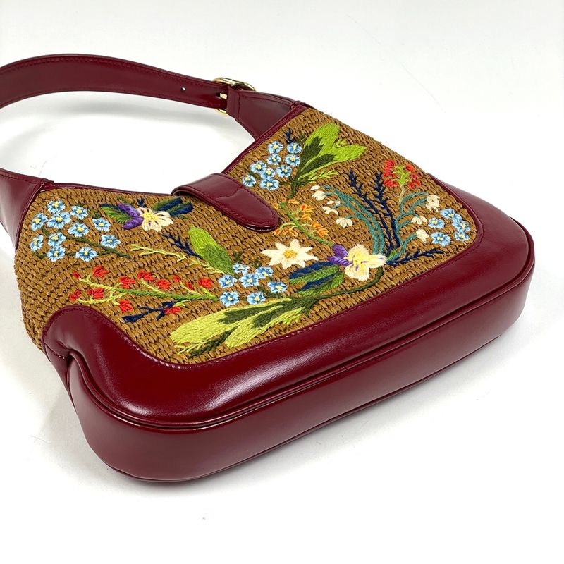 Gucci Jackie 2-Way Shoulder Bag Flower Embroidery Leather Red Brown Multicolor