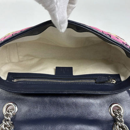 Gucci GG Marmont Quilted Small Shoulder Bag Pattern Embroidery Flower Pink Navy