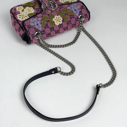 Gucci GG Marmont Quilted Small Shoulder Bag Pattern Embroidery Flower Pink Navy