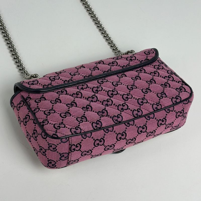 Gucci GG Marmont Quilted Small Shoulder Bag Pattern Embroidery Flower Pink Navy