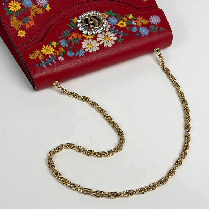 Gucci GG Marmont Shoulder Bag Flower Cat Embroidery Leather Red