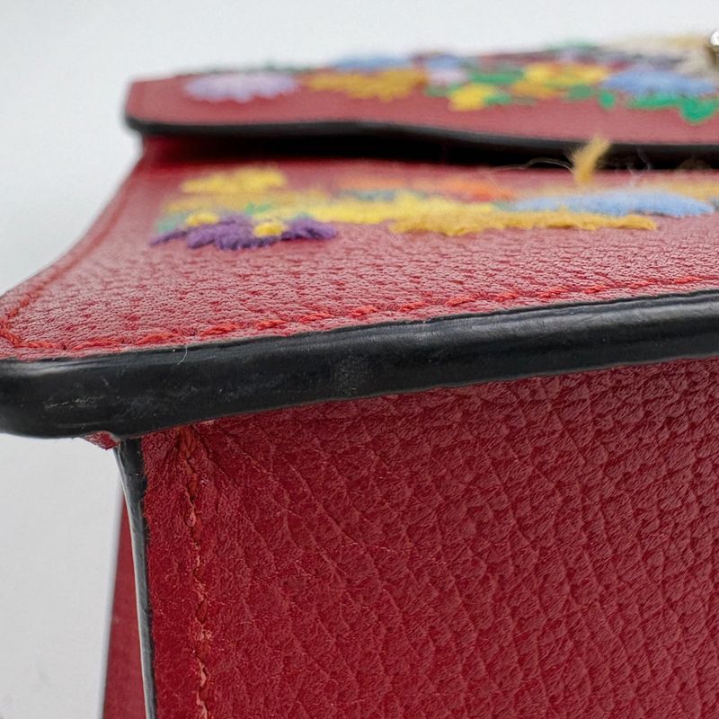 Gucci GG Marmont Shoulder Bag Flower Cat Embroidery Leather Red