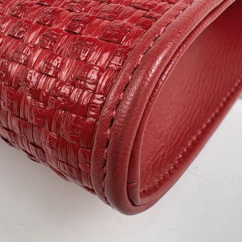 Gucci Horsebit Chain Shoulder Bag 2-Way Clutch Straw Red