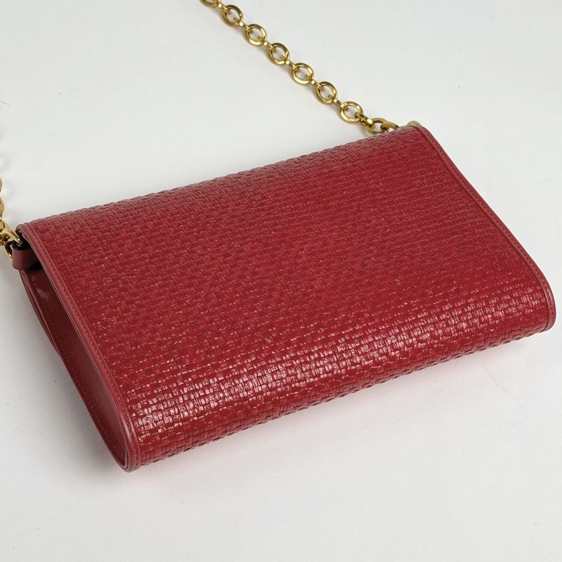 Gucci Horsebit Chain Shoulder Bag 2-Way Clutch Straw Red