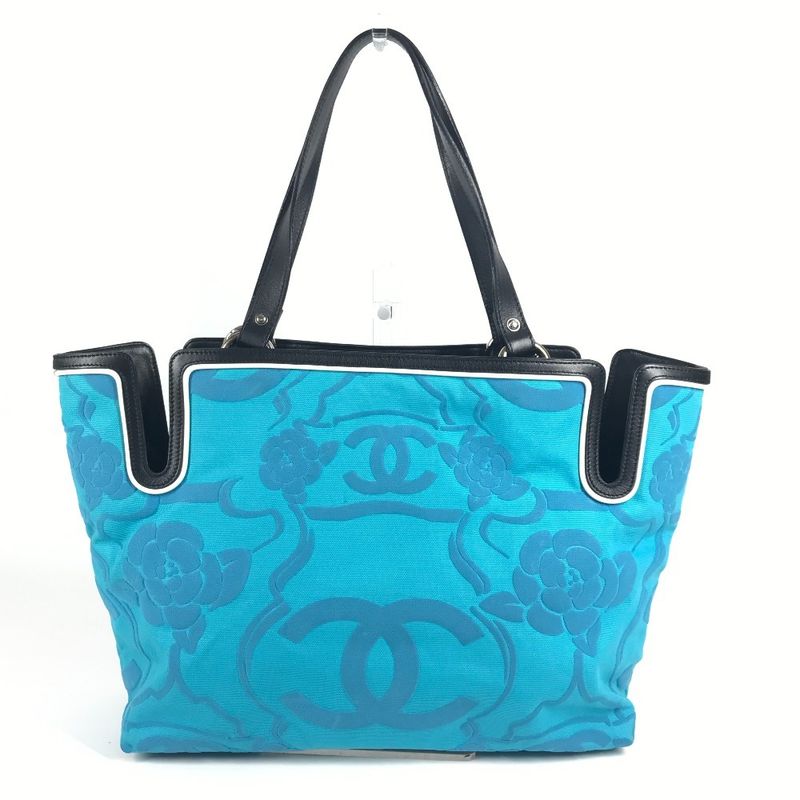 Chanel Shoulder Bag Logo CC Camellia Leather Canvas Blue Shape