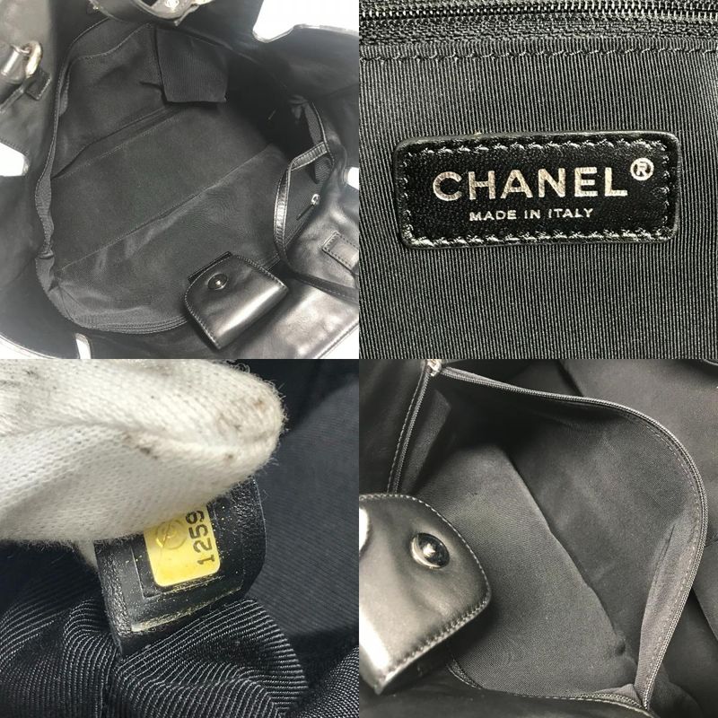 Chanel Shoulder Bag Logo CC Camellia Leather Canvas Blue Shape
