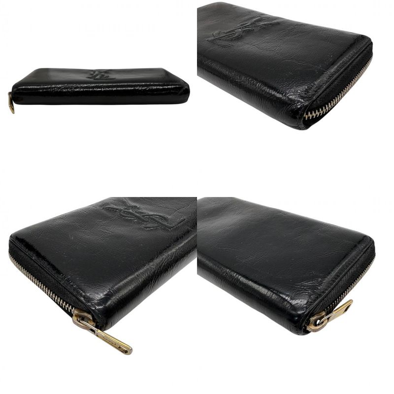 Saint Laurent Yves YSL Wallet Round Zip Patent Leather Enamel Black Gold Big