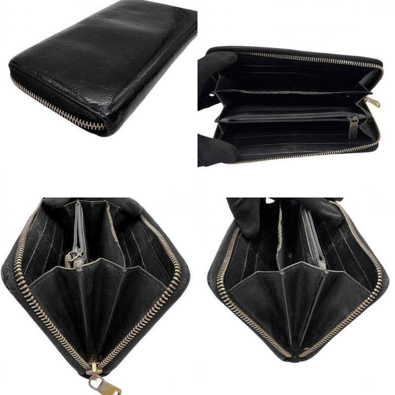 Saint Laurent Yves YSL Wallet Round Zip Patent Leather Enamel Black Gold Big